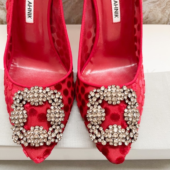 New! Manolo Blahnik Hangisi Red Jewel Buckle Pumps - Picture 5 of 11